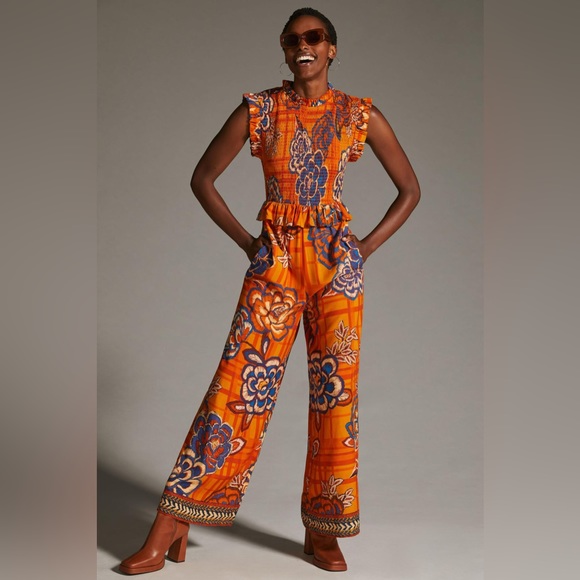 FARM Rio Pants - Farm Rio Smocked Wide-Leg Flowy Jumpsuit in Orange Motif - Anthropologie